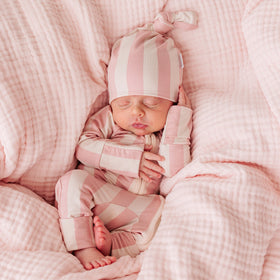 Top Knot Beanie - Pink Musk Stripe