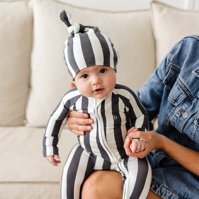 Top Knot Beanie - Slate Stripe