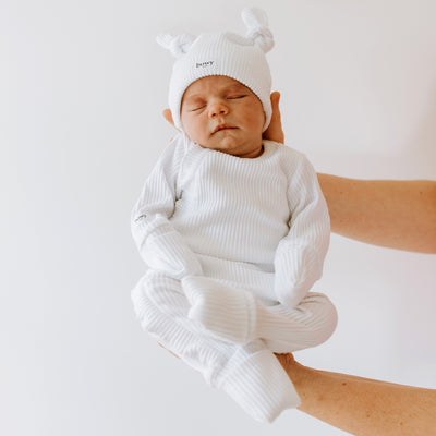 Double Knot Beanie and matching onesie in White